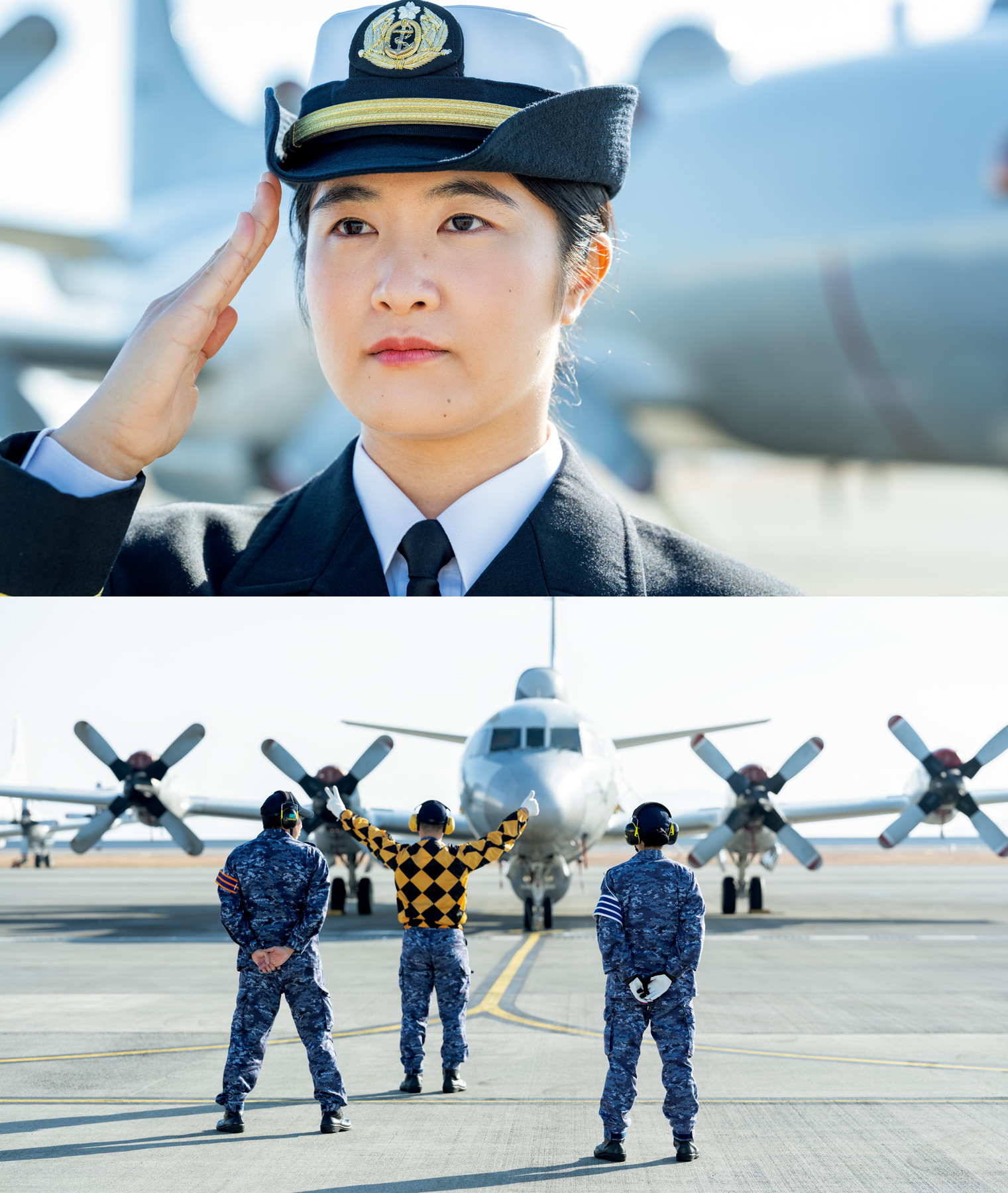 上：檜山理愛さんの写真、下：航空機を見送る写真