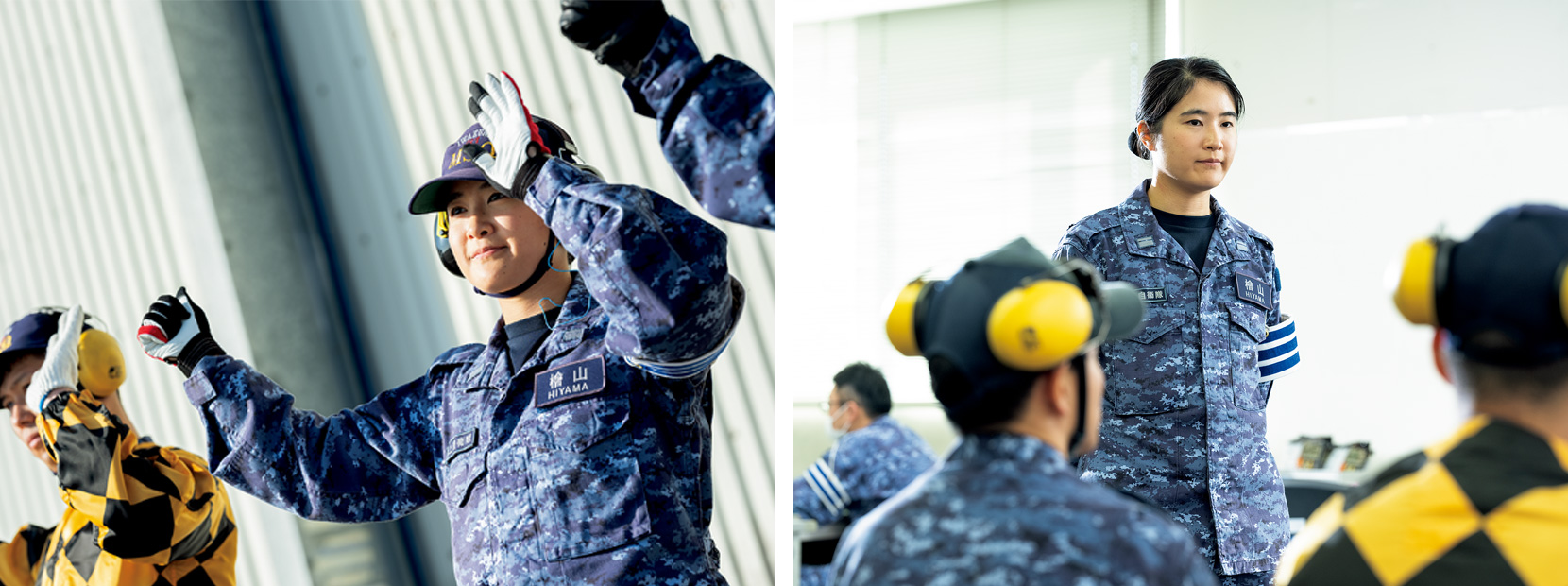 右：ブリーフィングの風景写真、左：航空機に向け手を振る写真