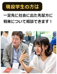 現役学生の方は一足先に社会に出た先輩方に将来について相談できます！